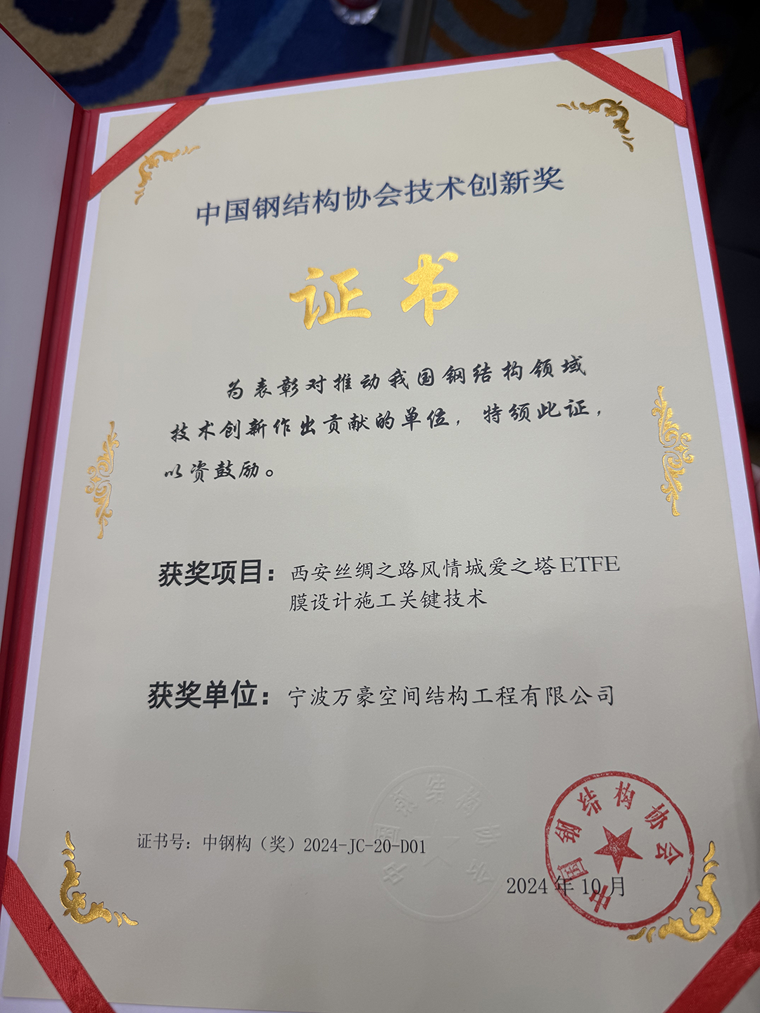 喜報(bào)！恭喜萬(wàn)豪空間結(jié)構(gòu)榮獲中國(guó)鋼結(jié)構(gòu)協(xié)會(huì)2024年度技術(shù)創(chuàng)新獎(jiǎng)